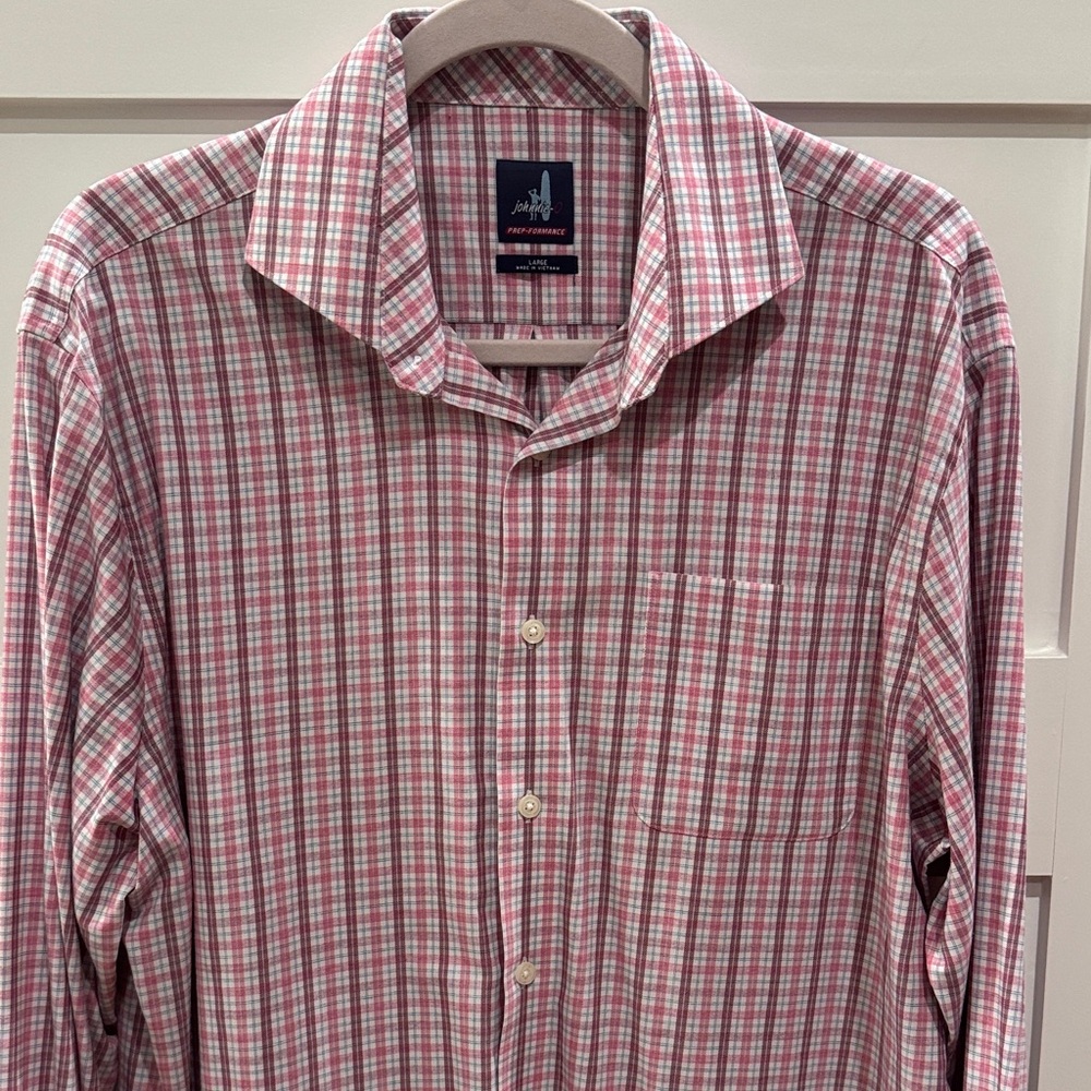 Men's Pink and Blue Johnnie-O Plaid Shirt